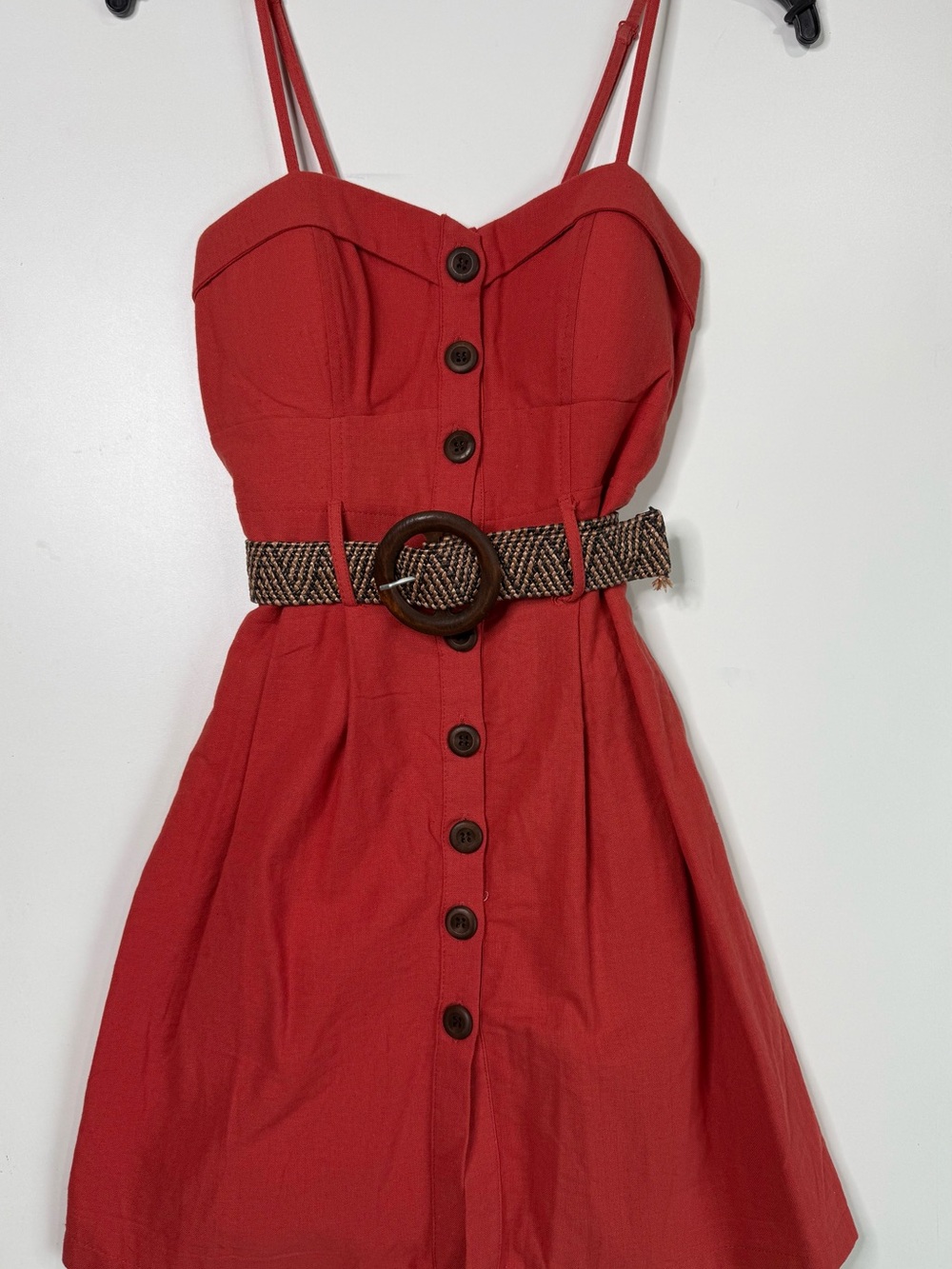 Red Button-Front Sundress with Waist Belt